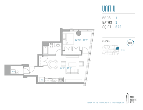 Floor plan for 1 bed, 1 bath, 822 sqft